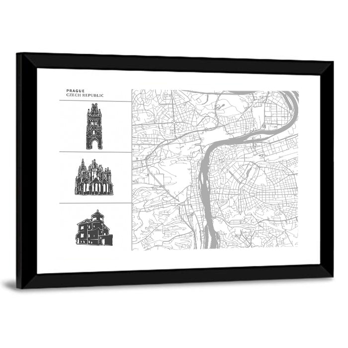 Prague City Map with Architectural Silhouettes Wall Art as a framed print
