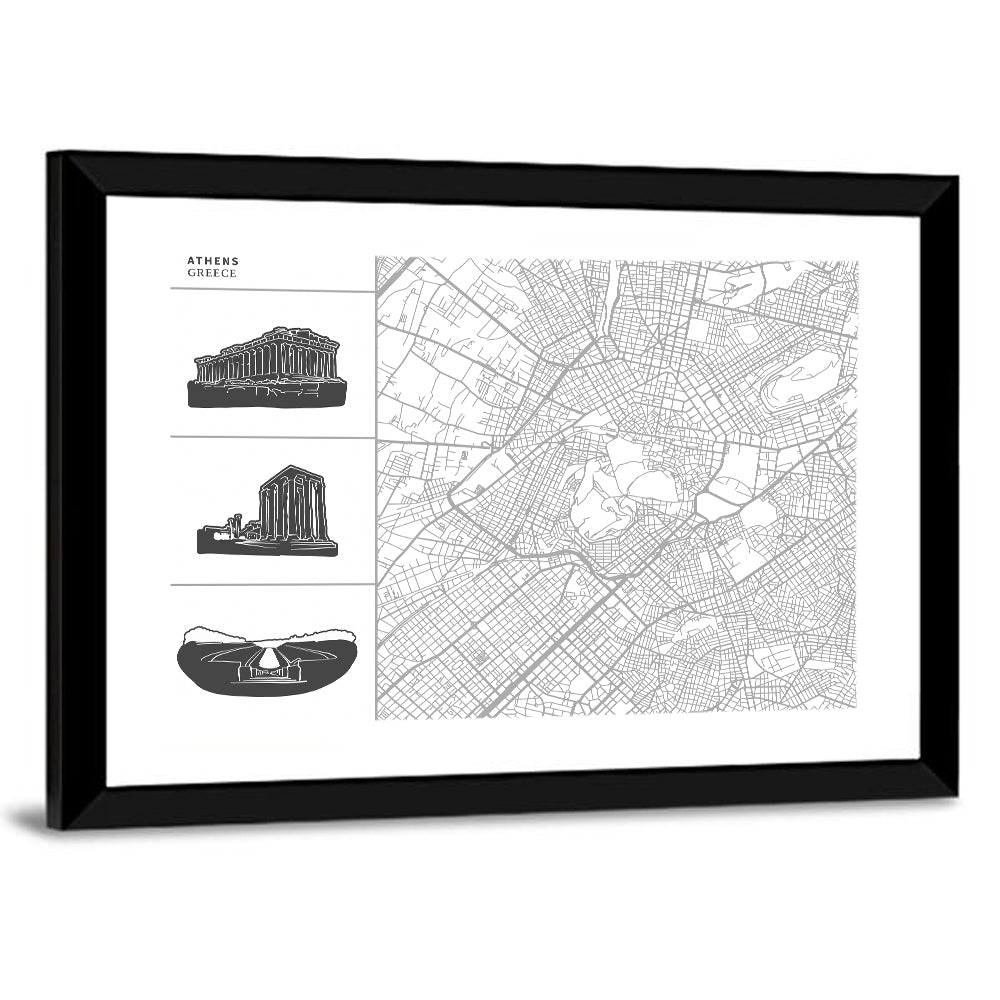 Athens Map with Parthenon Icons Wall Art