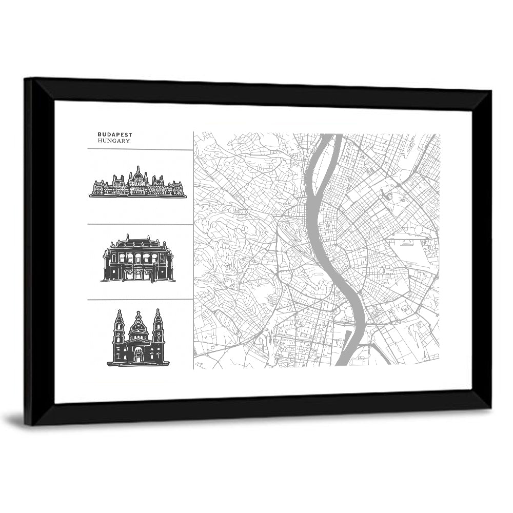Budapest Map with Landmark Silhouettes Wall Art