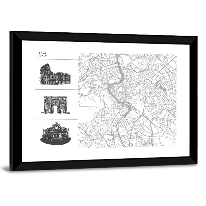 Rome Map with Landmark Sketches Wall Art as a framed print