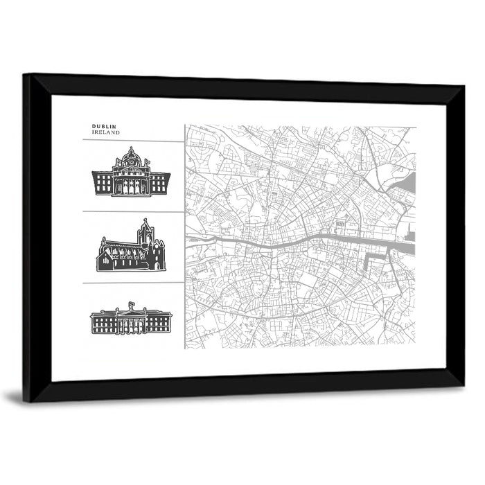 Dublin Map with Architectural Silhouettes Wall Art as a framed print