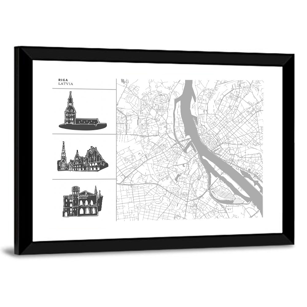 Riga Map with Cathedral Silhouettes Wall Art
