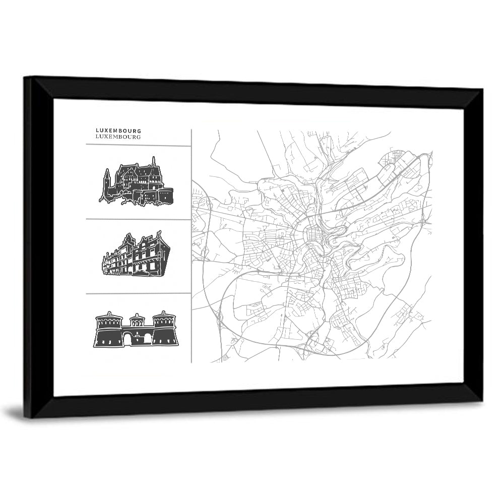 Luxembourg City Map with Landmark Sketches Wall Art