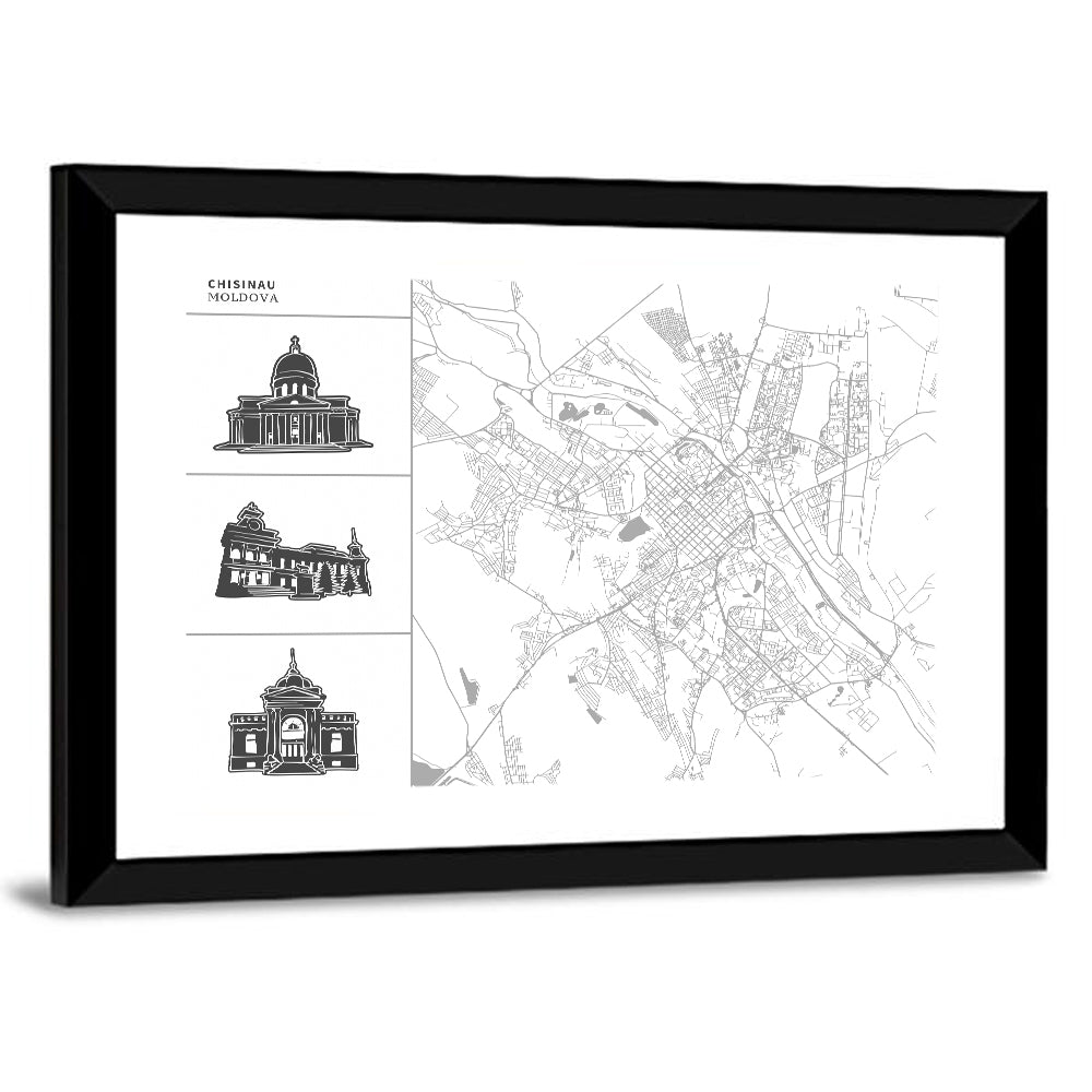 Chisinau Map with Architectural Sidebar Wall Art