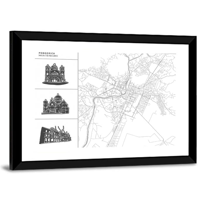 Podgorica Architectural City Map Wall Art as a framed print