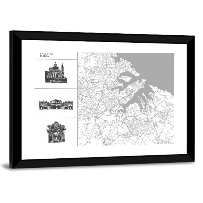 Valletta Street Map with Landmarks Wall Art as a framed print