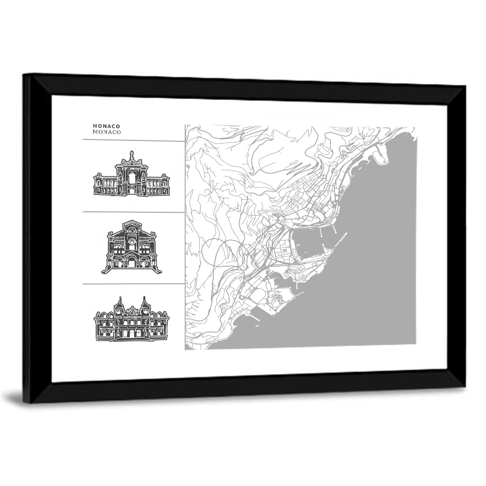 Monaco Map with Architectural Icons Wall Art