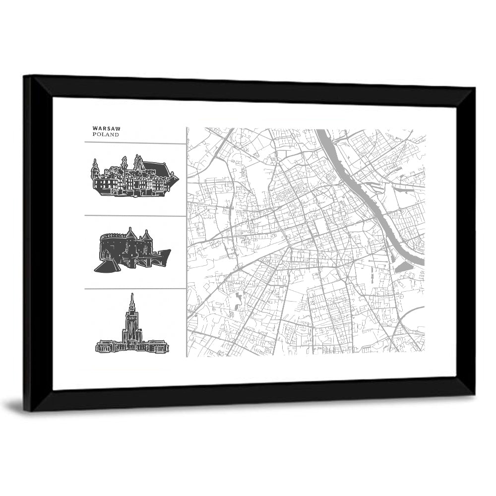 Warsaw Map with Skyline Silhouettes Wall Art