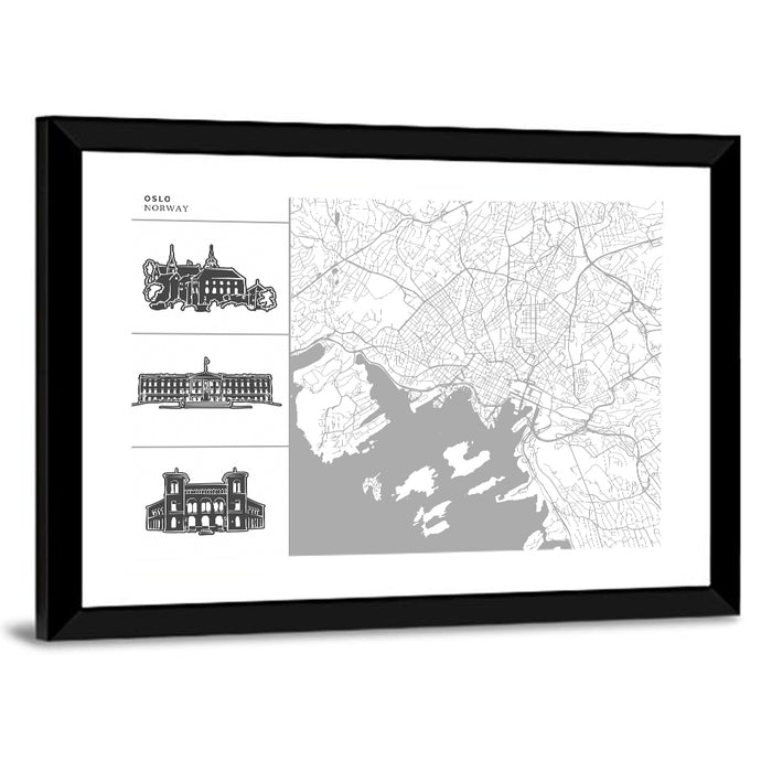 Oslo Map with Harbor Illustrations Wall Art as a framed print