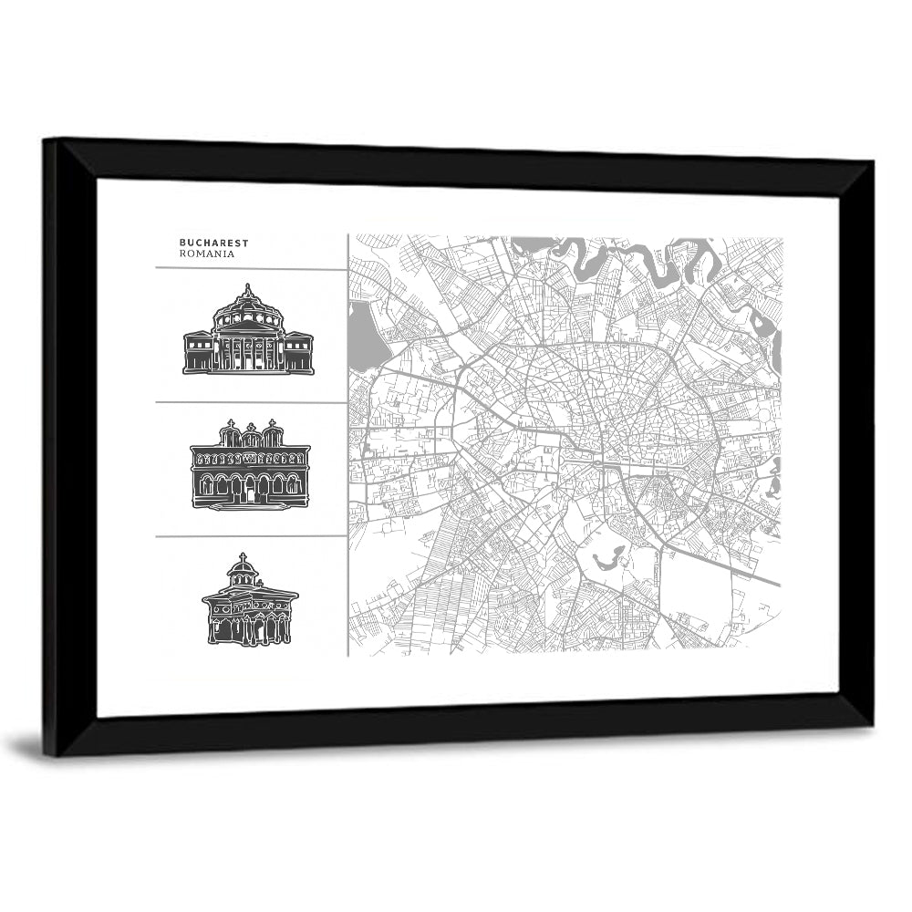 Bucharest City Map with Architectural Sidebar Wall Art