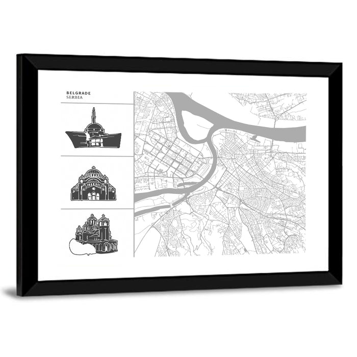 Belgrade Riverfront Map Wall Art as a framed print