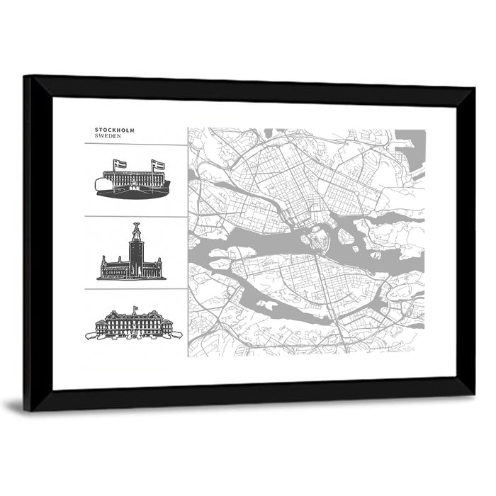 Stockholm Map with Architectural Illustrations Wall Art as a framed print
