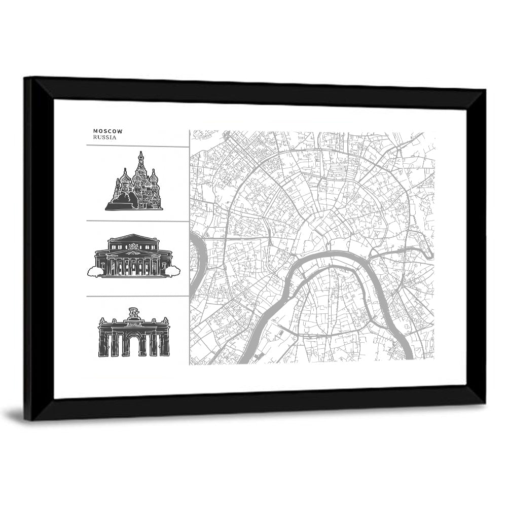 Moscow Map with Landmark Silhouettes Wall Art