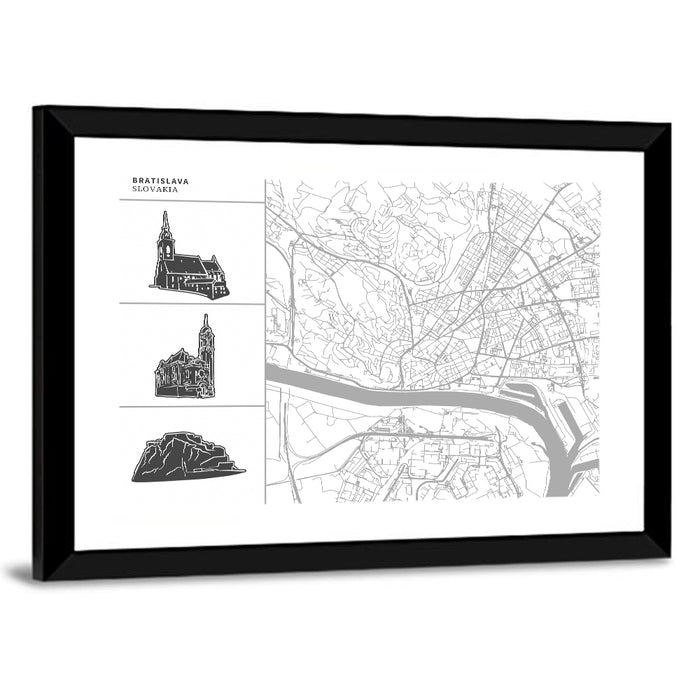 Bratislava Map with Castle and Cathedral Silhouettes Wall Art as a framed print