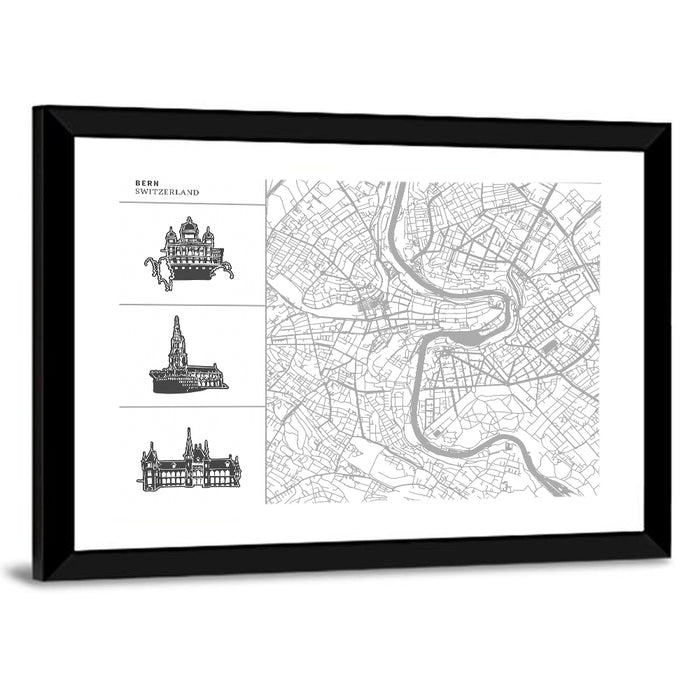 Bern Map and Skyline Wall Art as a framed print