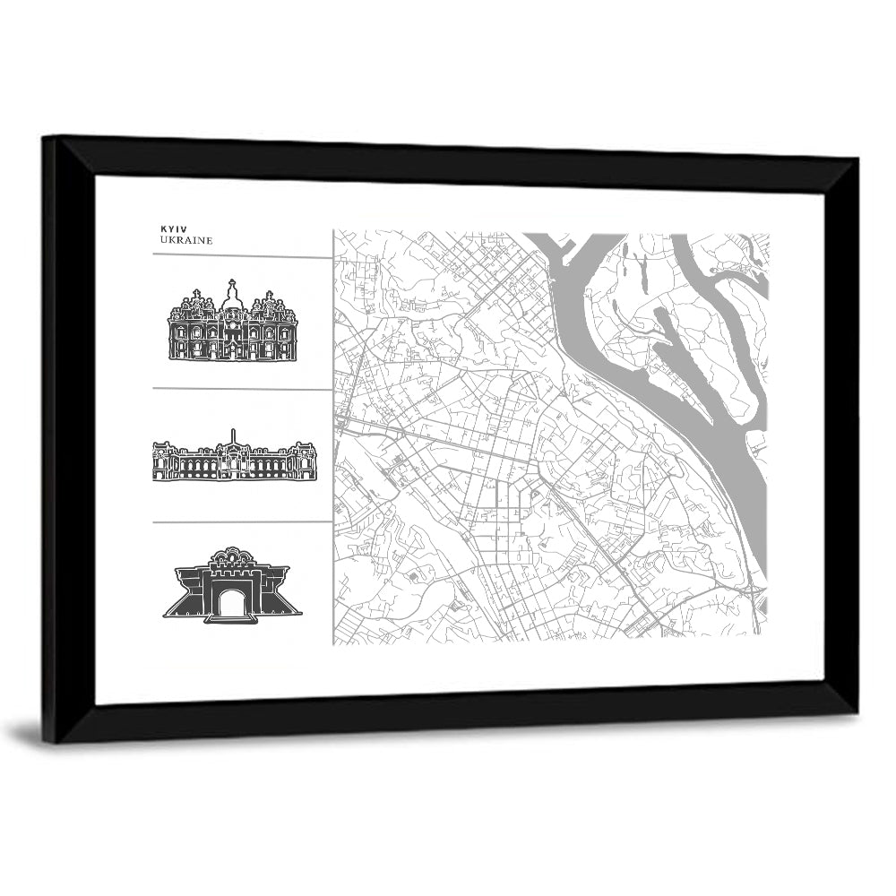 Kyiv Map with Cathedral Silhouettes Wall Art