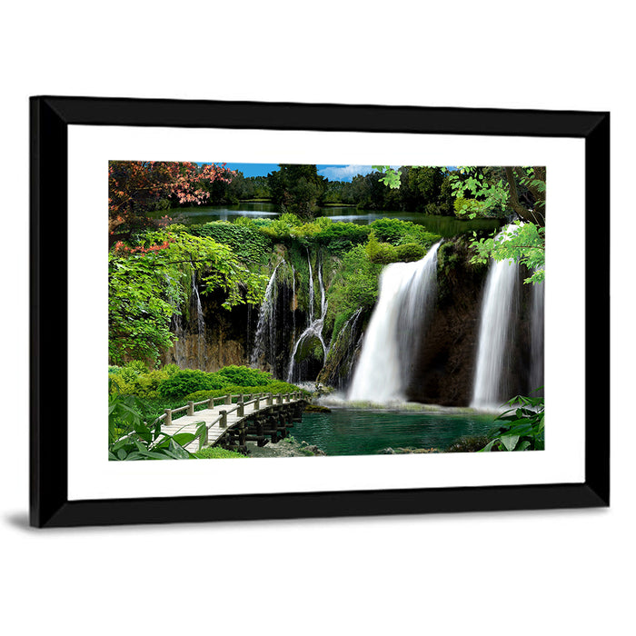Wooden Bridge and Forest Waterfall Wall Art as a framed print
