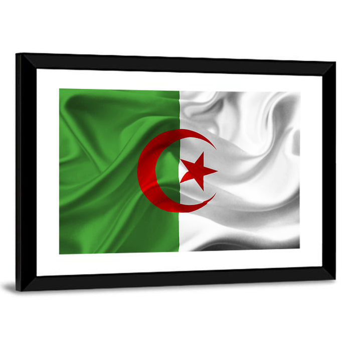 Waving Algerian Flag with Crescent and Star Wall Art as a framed print