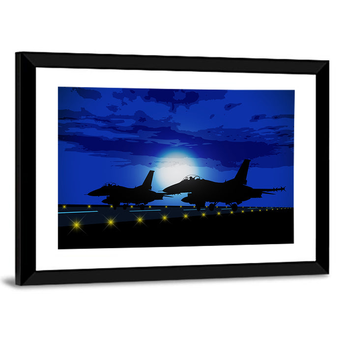 Moonlit Fighter Jets on Runway Wall Art as a framed print