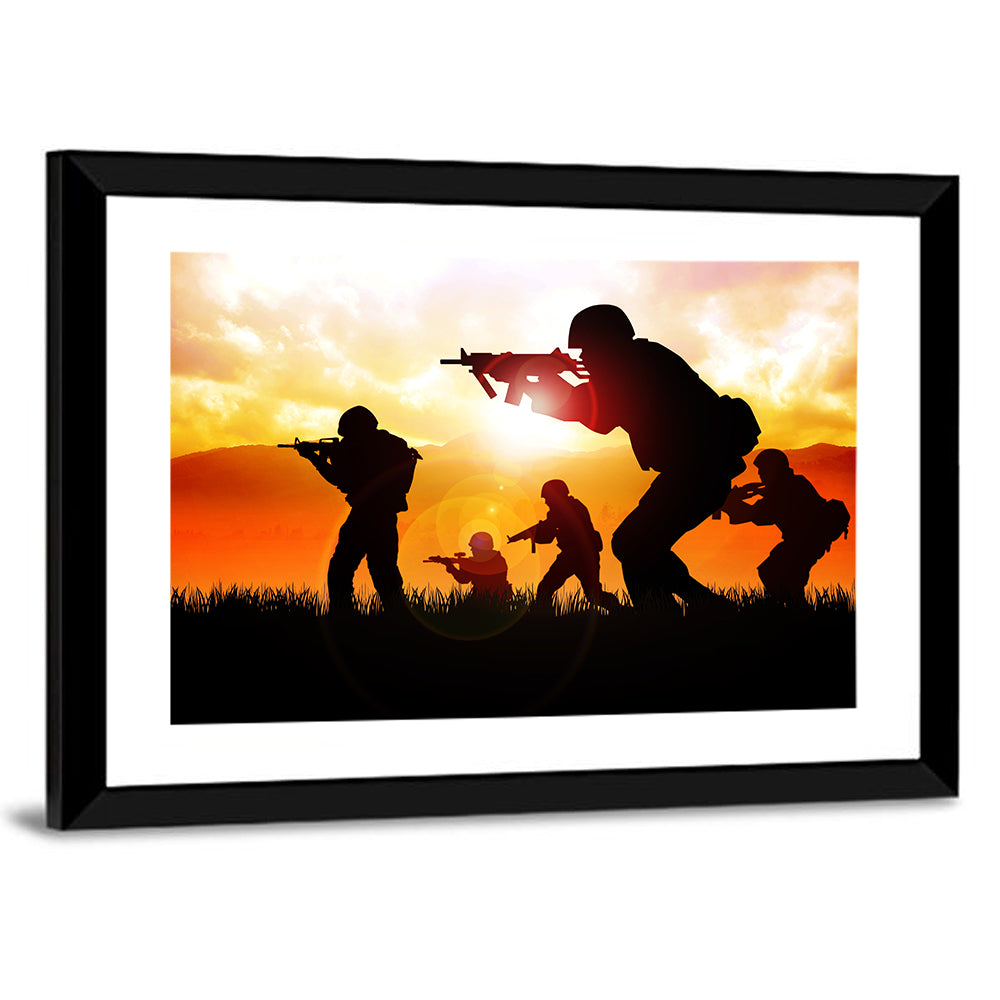 Soldiers Silhouette at Sunrise Wall Art