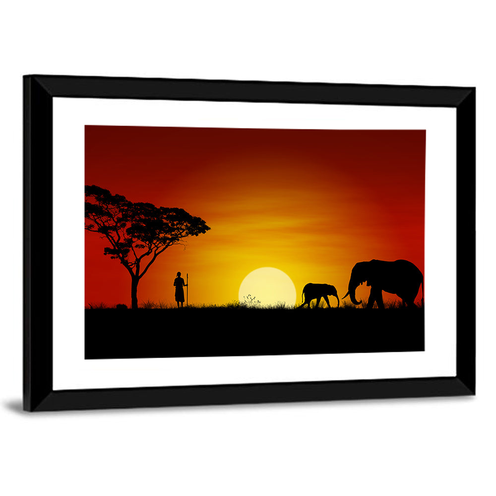 Massai Warrior and Elephants at Sunset Wall Art
