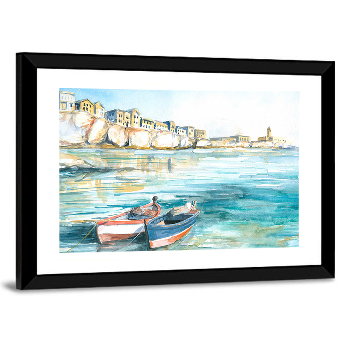 Two Boats Coastal Watercolor Wall Art as a framed print