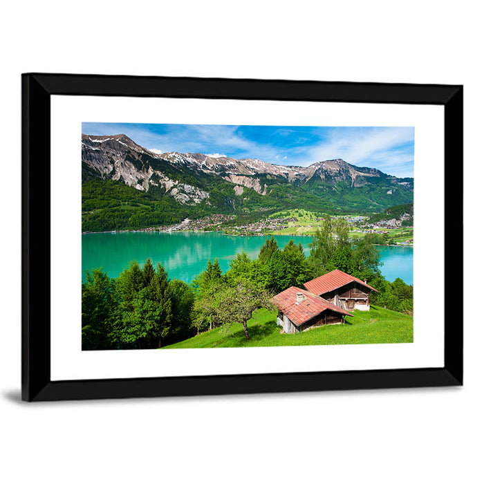 Lake Brienz with Alpine Cabins Wall Art as a framed print