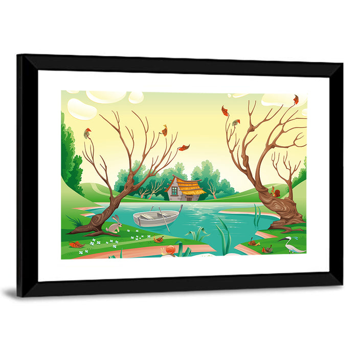 Thatched Village by the Lake Wall Art as a framed print