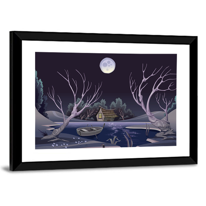 Cottage by Moonlit Pond Wall Art as a framed print