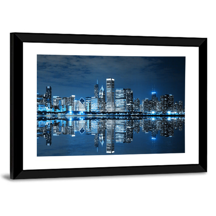 Chicago Skyline at Night Wall Art as a framed print