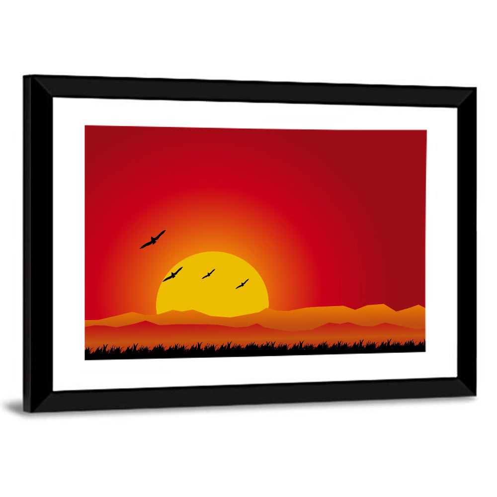 Birds Illustration At Sunset Wall Art