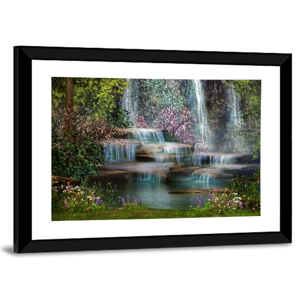 Multi-tier Jungle Waterfall with Pink Blossoms Wall Art