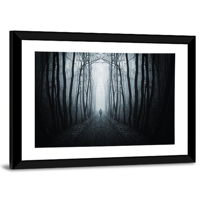 Strange Foggy Forest Path Wall Art as a framed print