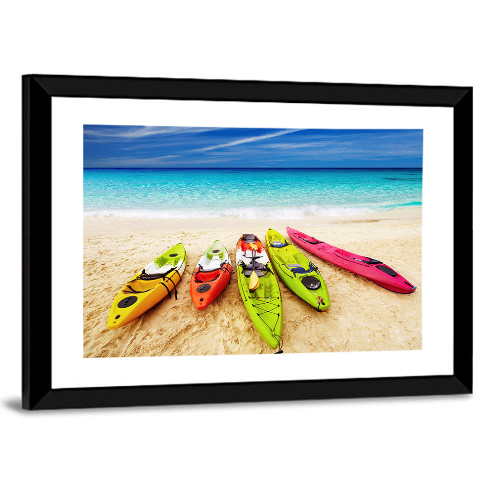 Five Colorful Kayaks on White Sand Wall Art