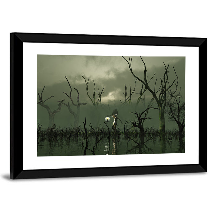 Will O the Wisp in Misty Swamp Wall Art as a framed print