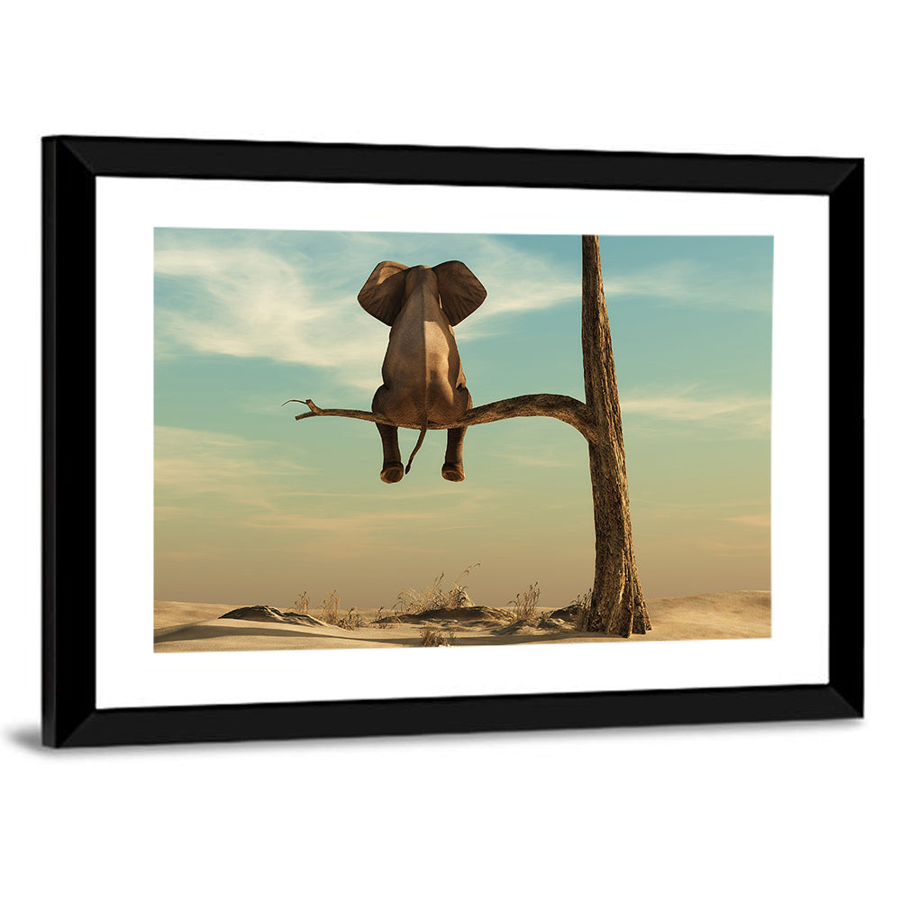 Solitary Elephant on a Tree Branch Wall Art