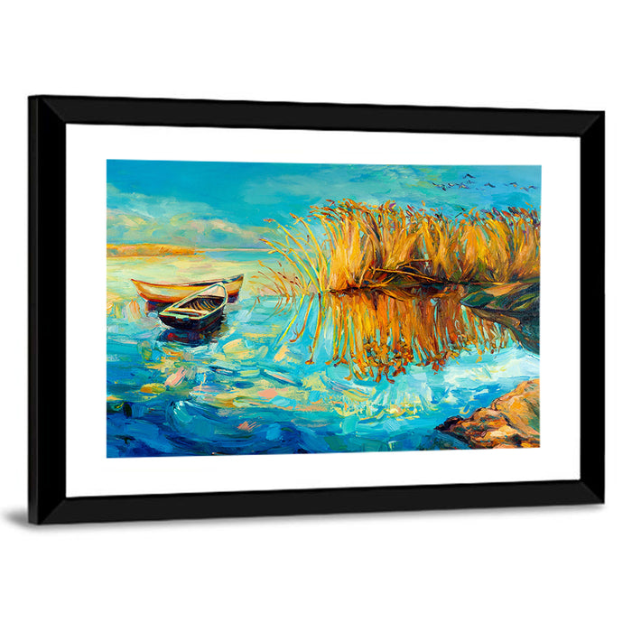 Rowboats and Reeds on Blue Lake Wall Art as a framed print