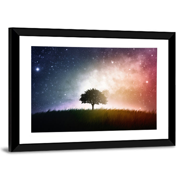 Tree Silhouette Under Nebula Sky Wall Art as a framed print