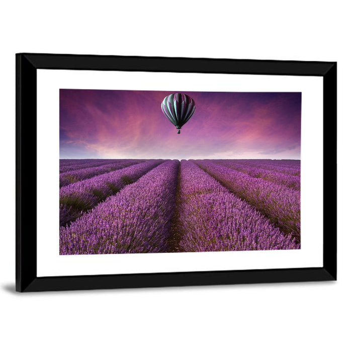 Hot Air Balloon Over Lavender Field Wall Art as a framed print