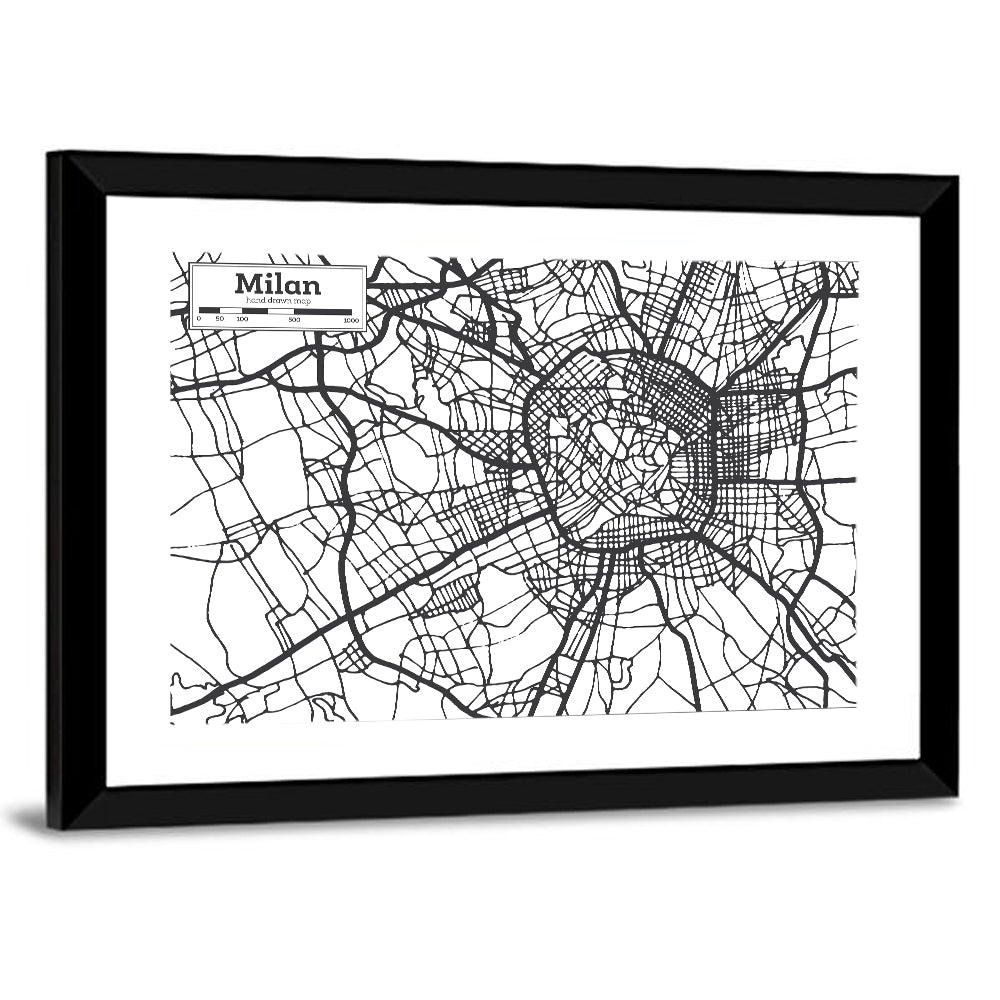 Milan City Map Monochrome Wall Art