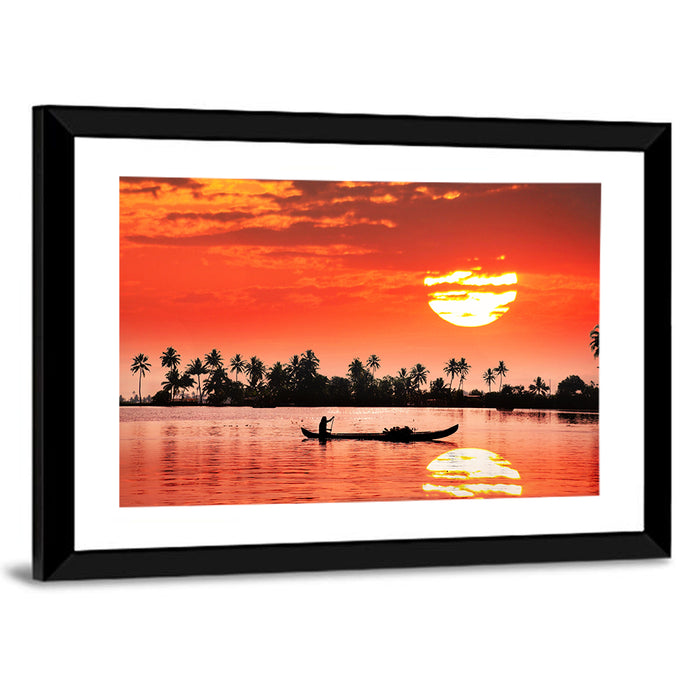 Boat and Fisherman Silhouette Wall Art as a framed print