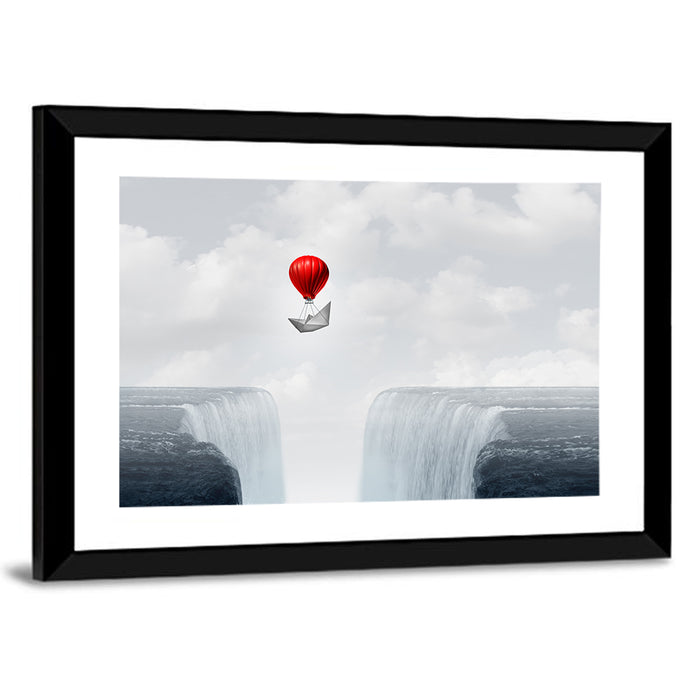 Paper Boat Suspended by Red Balloon Wall Art as a framed print