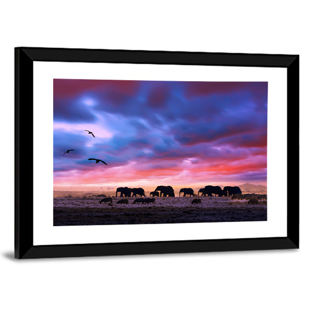 Elephants at Savannah Sunset Wall Art