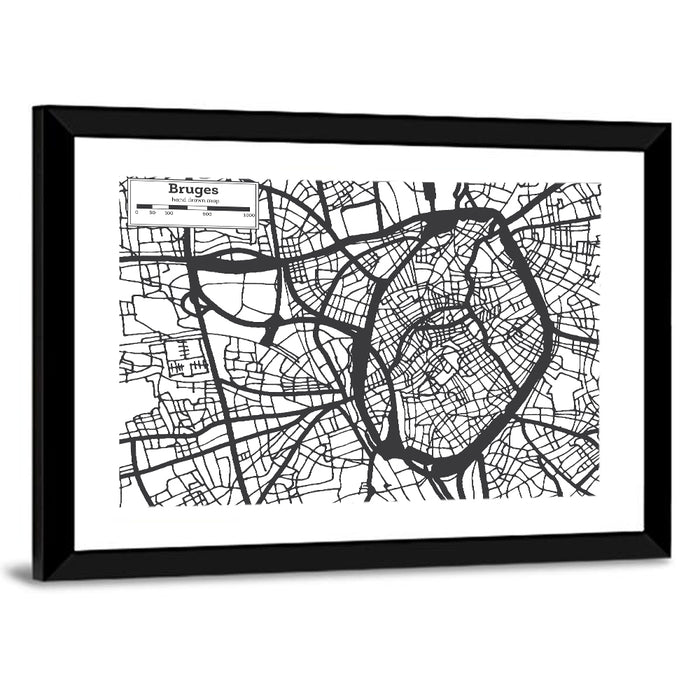 Bruges Street Grid Map Wall Art as a framed print