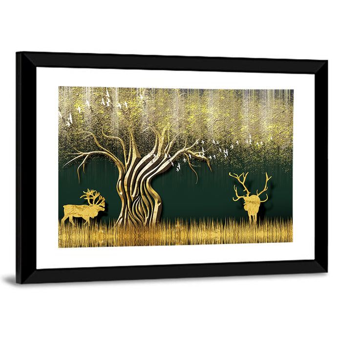 Golden Jungle Deer Scene Wall Art as a framed print
