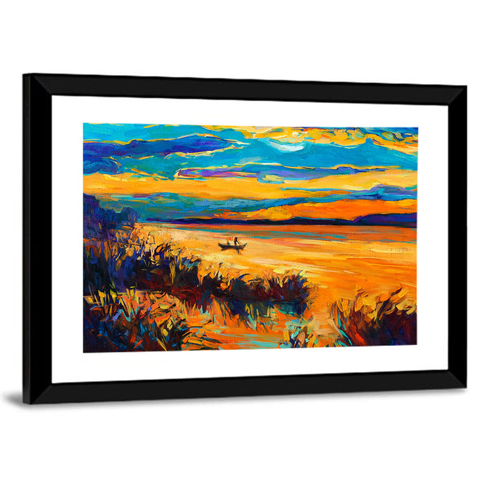 Impressionist Lake Sunset Wall Art as a framed print