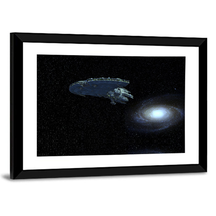 Starship Over Spiral Galaxy Wall Art as a framed print