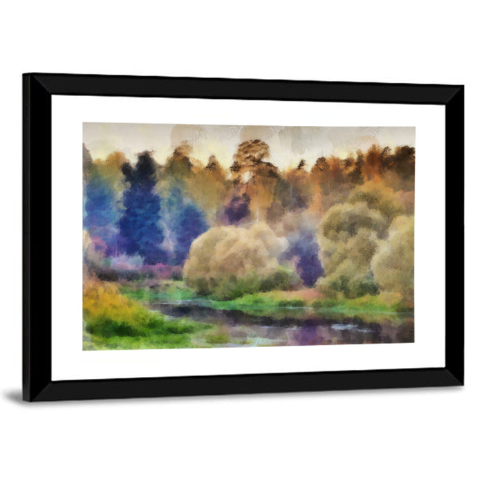 Misty Forest River Watercolor Wall Art as a framed print