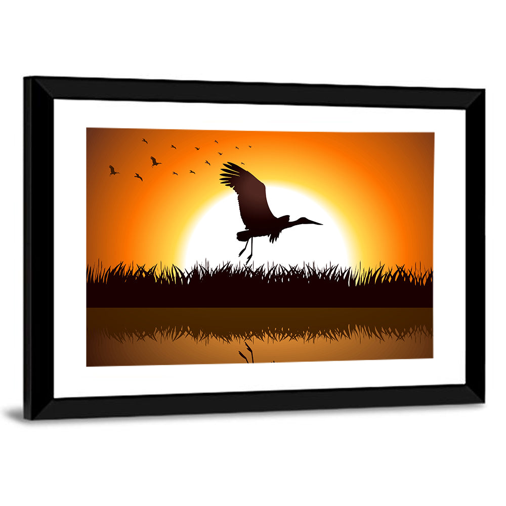 Stork Silhouette at Sunset Wall Art