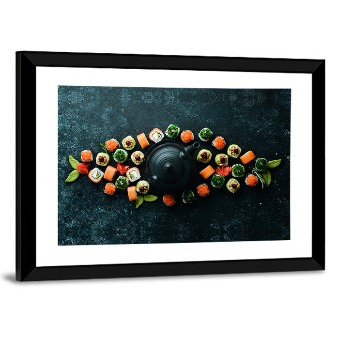 Sushi and Teapot Flat Lay Wall Art as a framed print